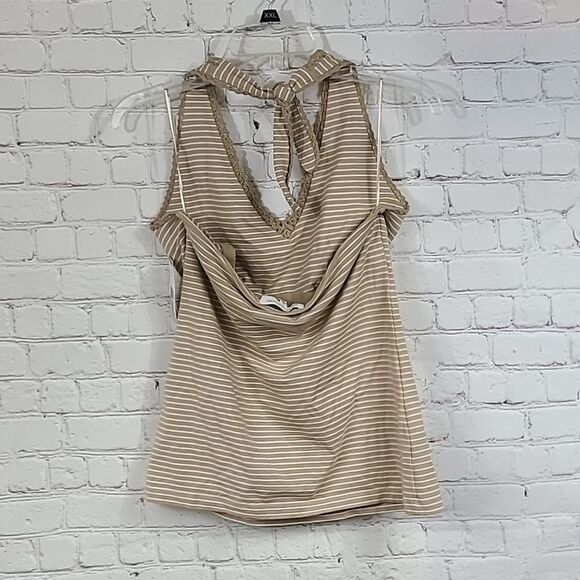Jones New York Tan Stripe Lace Halter Top Shelf Bra Backless T-Shirt Large- NWOT - Picture 10 of 12